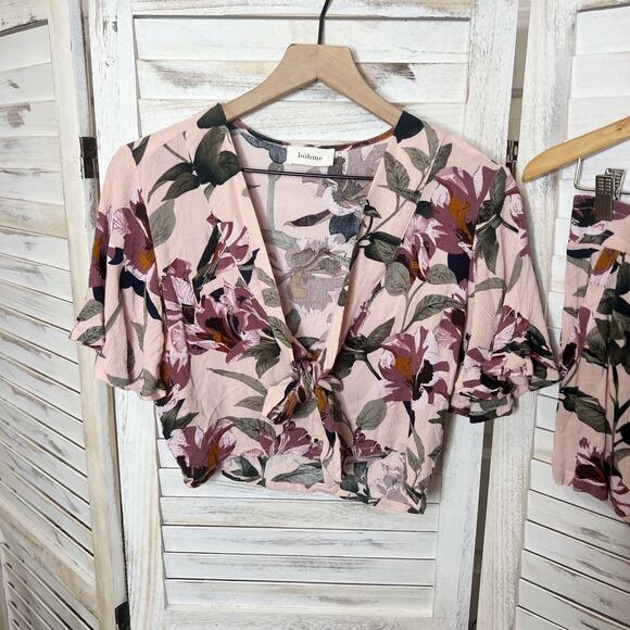 BOHME Women's Medium Top Short Floral Pajama Set Pink Rayon Loungewear Romantic - Picture 3 of 12